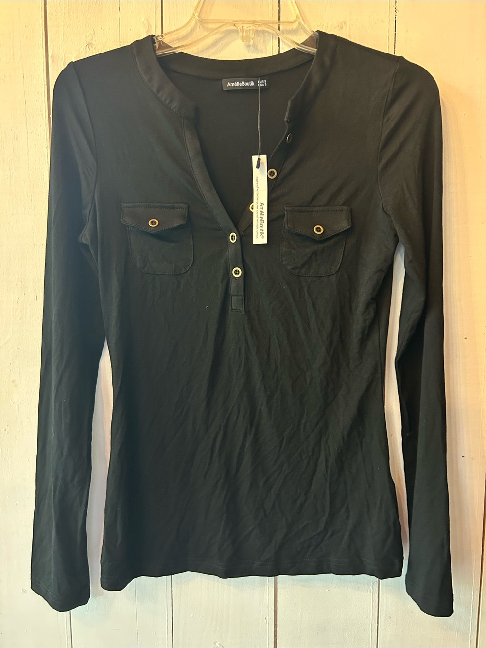 Black Long-Sleeve Henley with Chest Pockets small